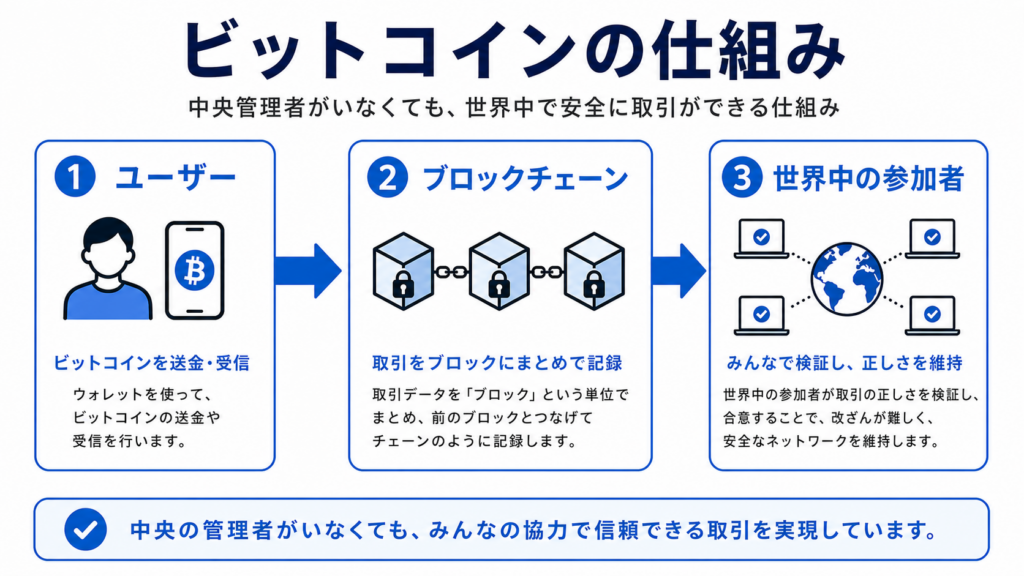 ビットコインのP2Pネットワークと取引記録の仕組みを示す図解
