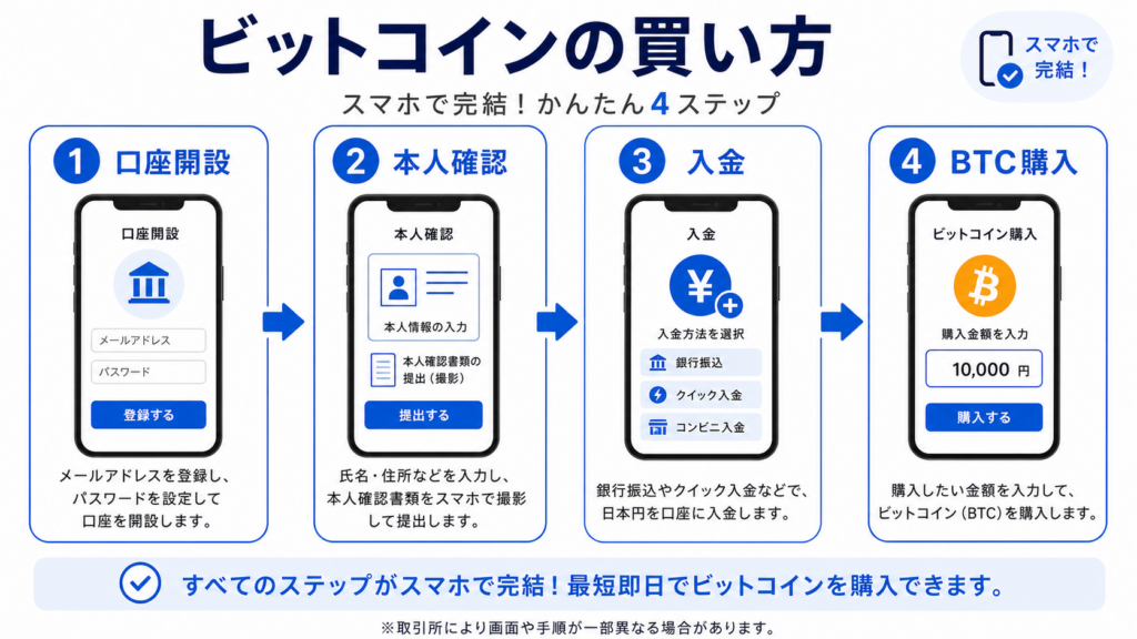 ビットコインの口座開設から購入までの流れを示す手順図