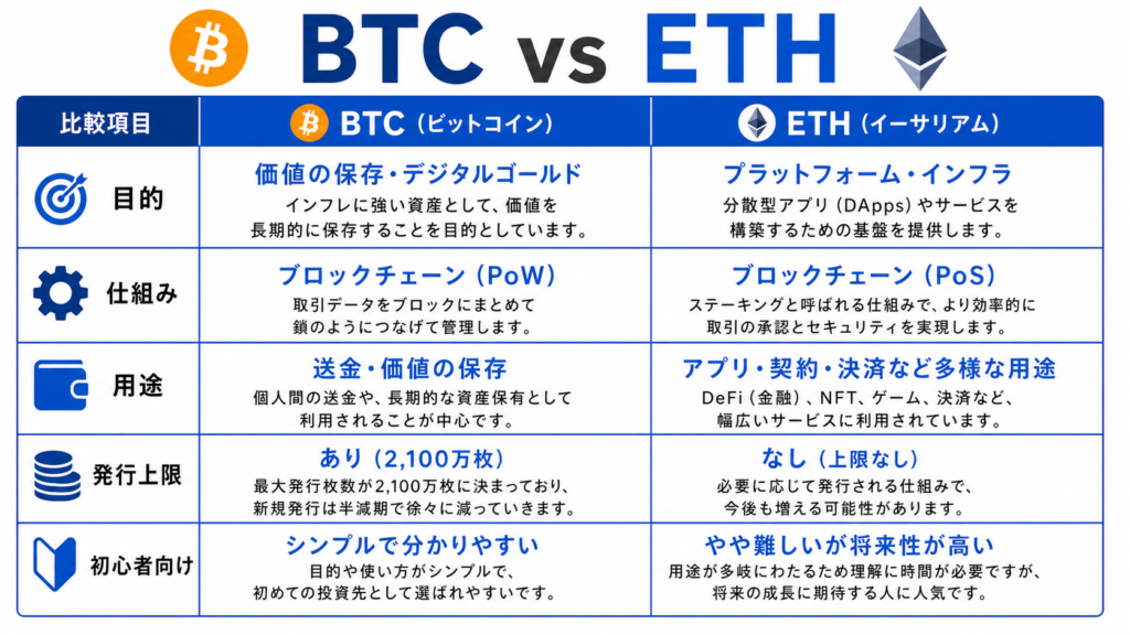 ビットコインとイーサリアムの目的の違いを整理した比較図