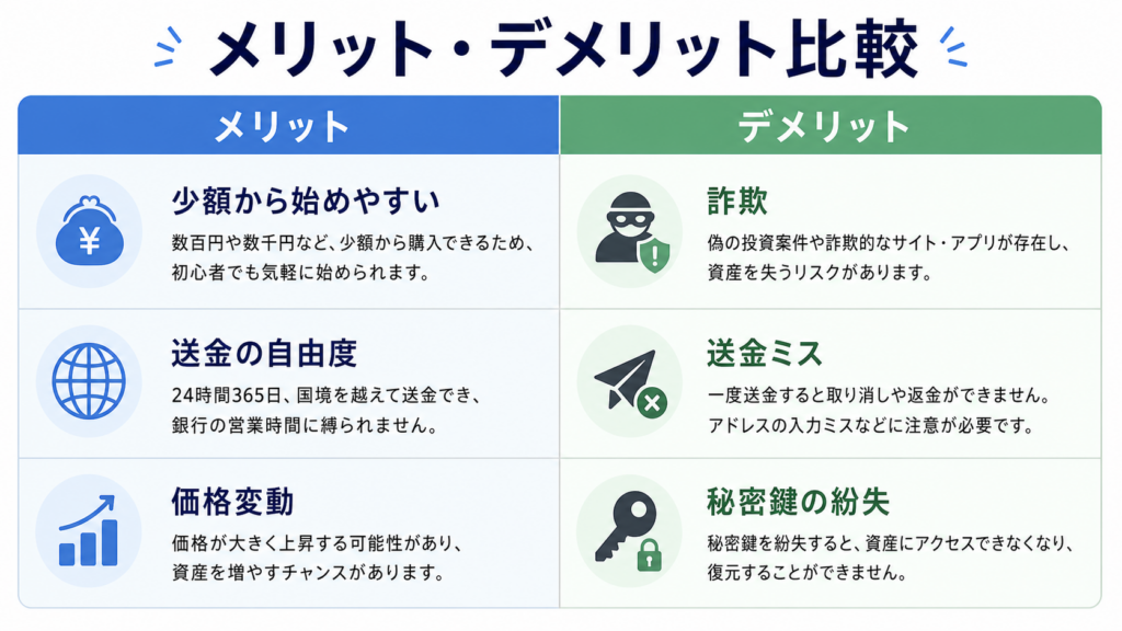 暗号資産のメリットとデメリットを整理した図解