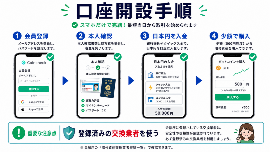 暗号資産の口座開設から購入までの流れを示す図解