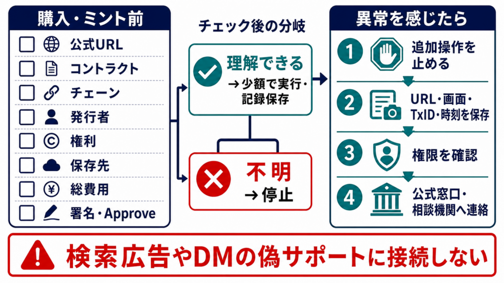 NFT購入前の8項目と、不審署名や偽ミントに気づいたときの停止・証拠保存・相談手順の図