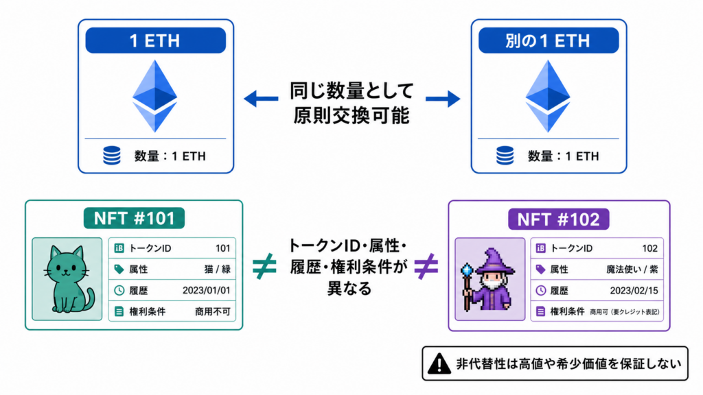 同じ数量で交換できるETHと、個別IDや属性が異なるNFTの非代替性を比較した図