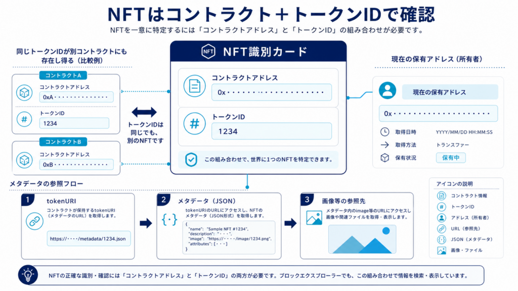 コントラクトアドレスとトークンIDでNFTを識別し、保有アドレスやメタデータを確認する図