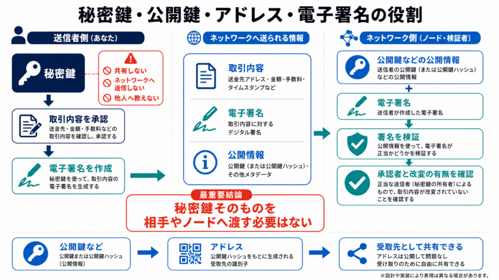 秘密鍵は署名、公開鍵は検証に使う