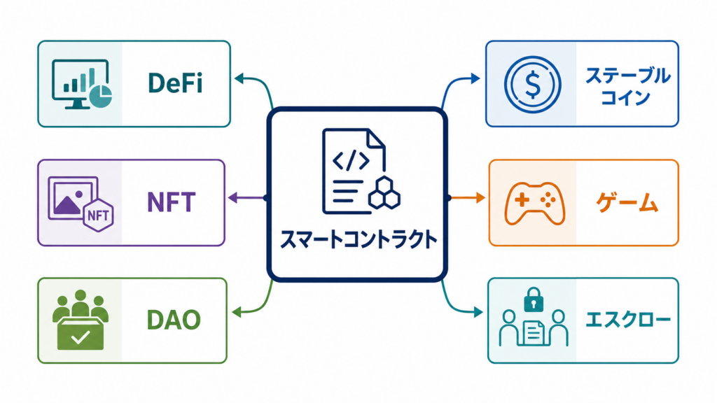 DeFi、NFT、DAO、ステーブルコイン、ゲームなどスマートコントラクトの用途