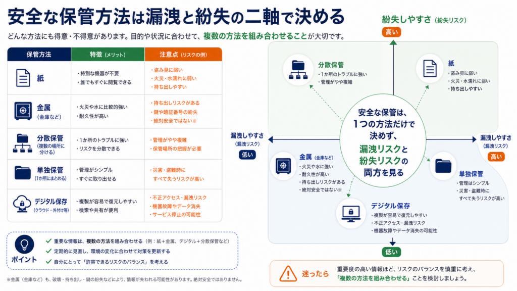 安全な保管方法は漏洩と紛失の二軸で決める