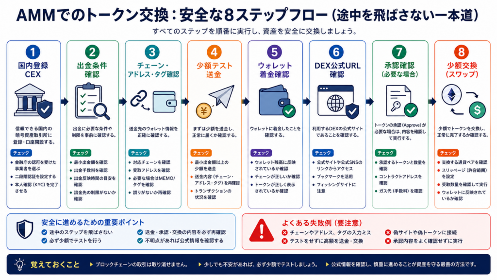 AMMでのトークン交換:安全な8ステップフロー