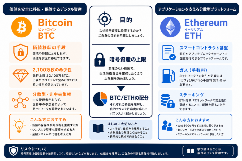 BTCの価値移転・希少性とETHの実行基盤を比較し目的・上限・配分で選ぶ図