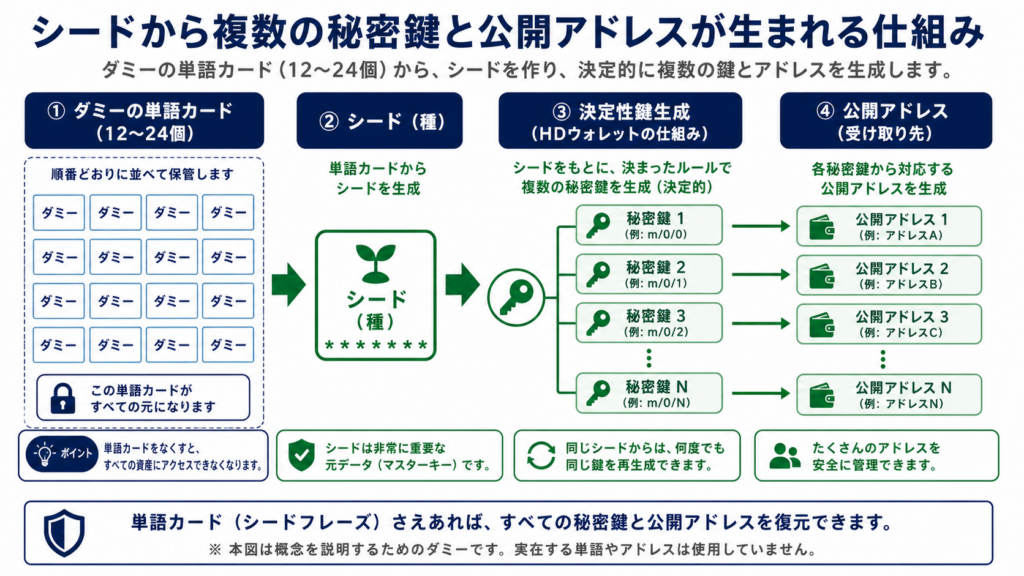 ダミー単語列から複数の秘密鍵とアドレスが導かれるシードフレーズの概念図