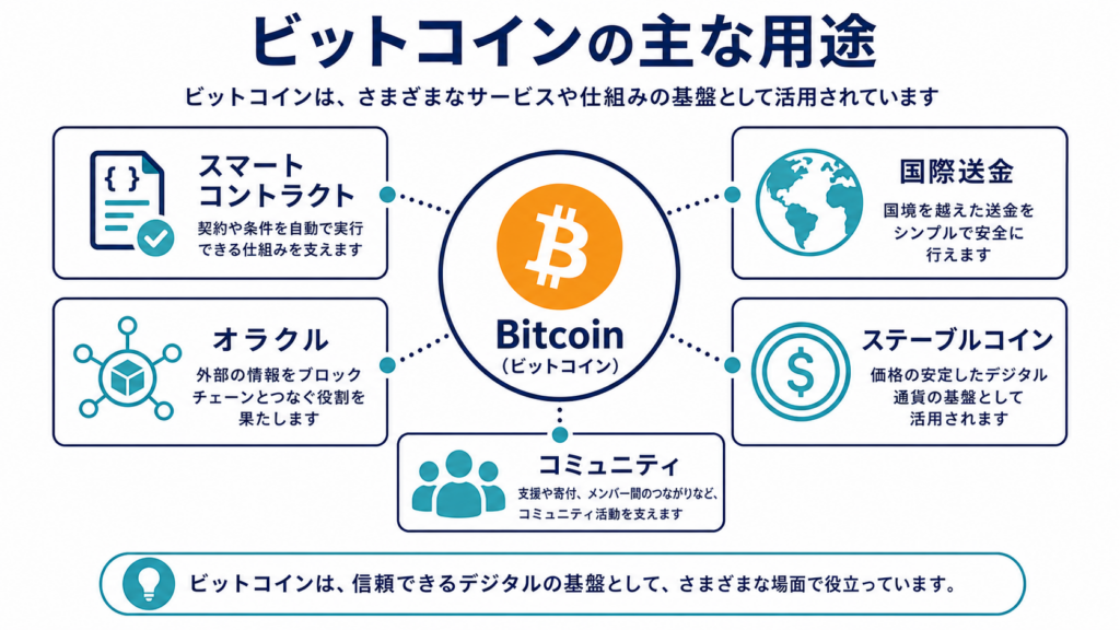 Bitcoinを中心に送金・スマートコントラクト・オラクルなどアルトコインの用途を示す図