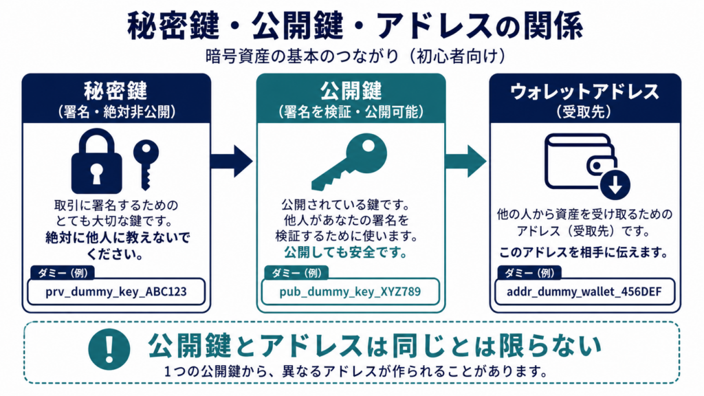 秘密鍵から公開鍵とウォレットアドレスが作られる一方向の関係図