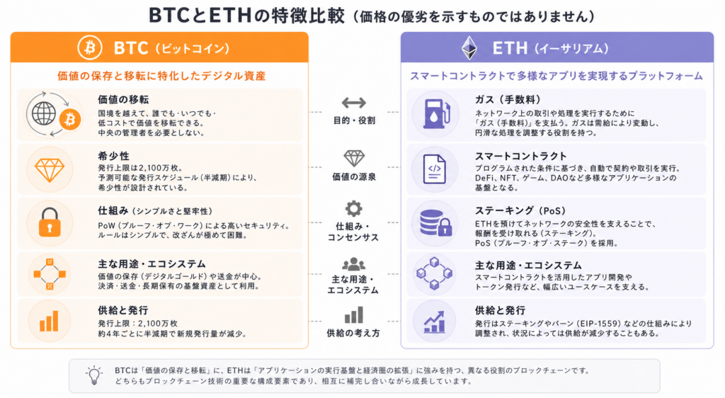BitcoinのBTCとEthereumのETHが担う主な役割の違い
