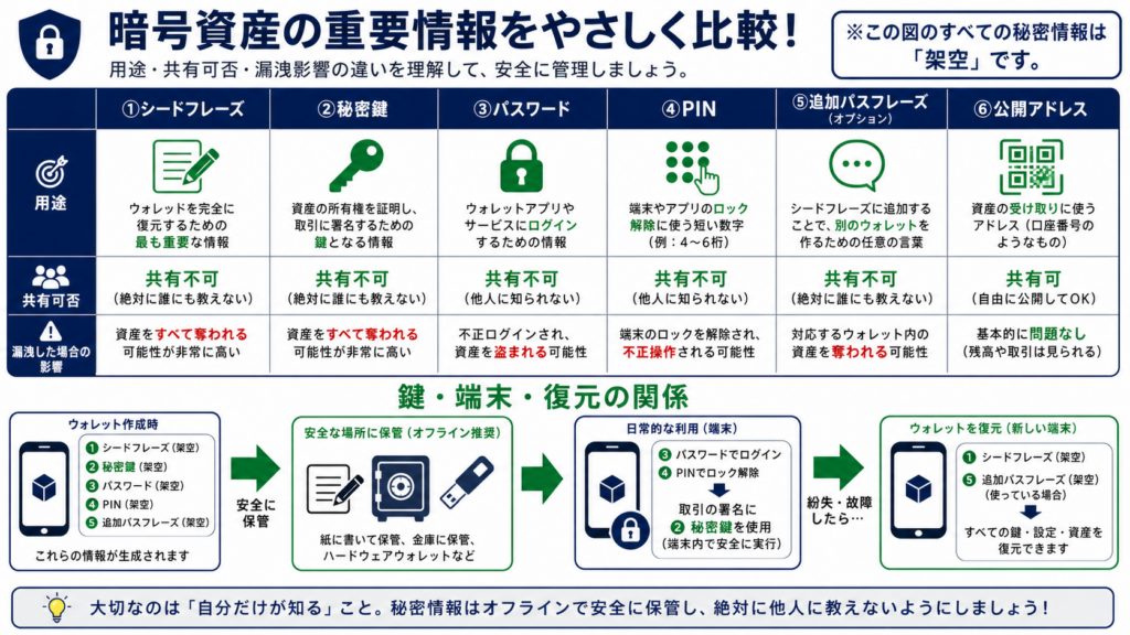 シードフレーズと秘密鍵、パスワード、PIN、追加パスフレーズの役割比較