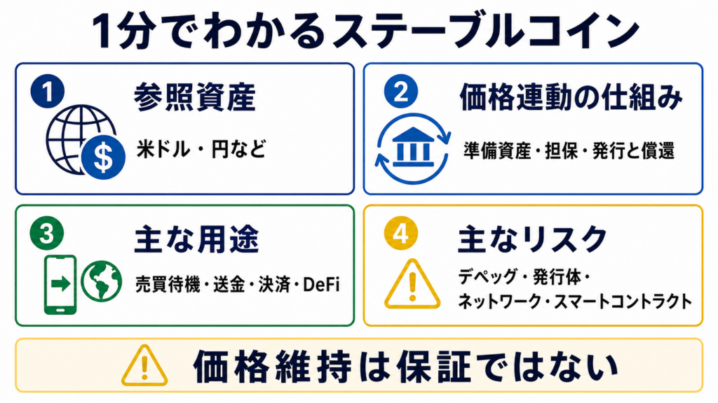 参照資産、価格維持の仕組み、用途、リスクを4項目で示す概要図
