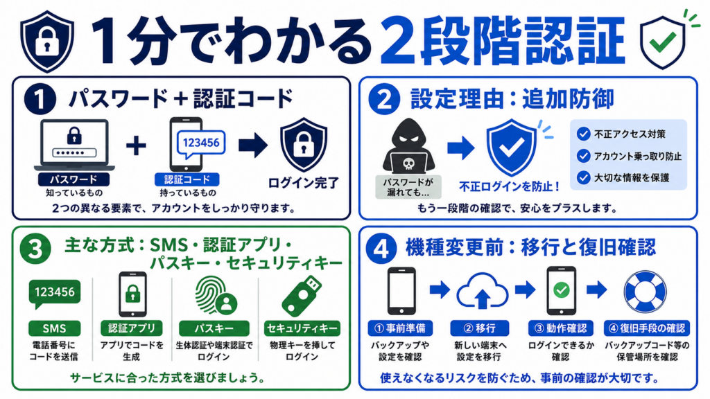 2段階認証の定義・理由・方式・機種変更前の準備を4項目で示す概要