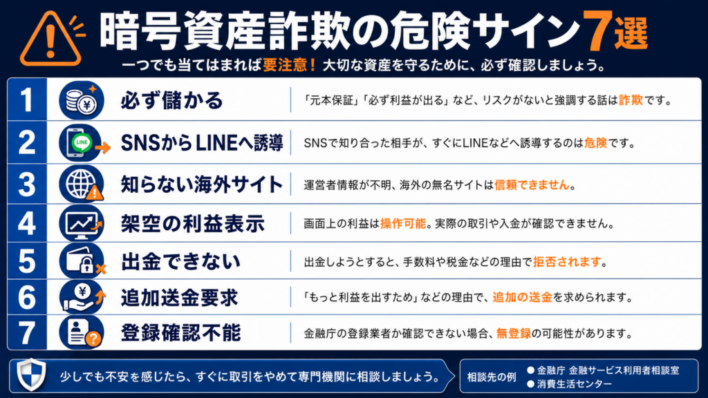 必ず儲かる・SNS誘導・追加送金など暗号資産詐欺の危険サイン7選