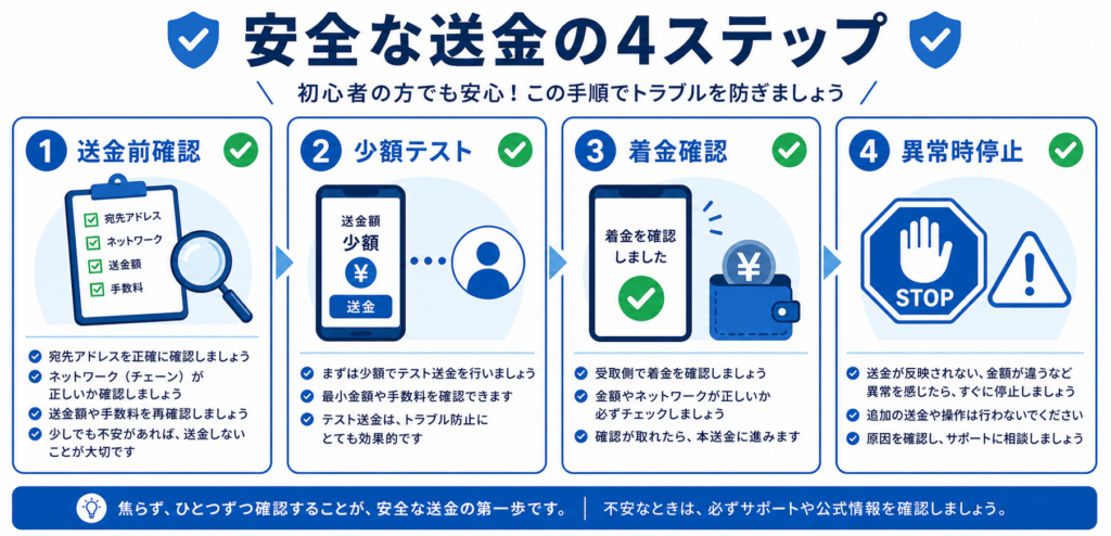 送金前確認、少額テスト、着金確認、異常時停止の4段階