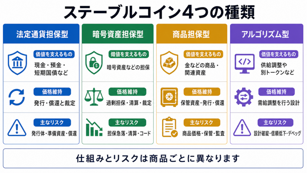 法定通貨担保型、暗号資産担保型、商品担保型、アルゴリズム型の比較図