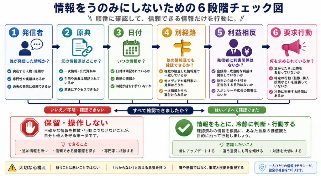 暗号資産情報を発信者・原典・日付・裏付け・利益相反・要求行動で確認する図