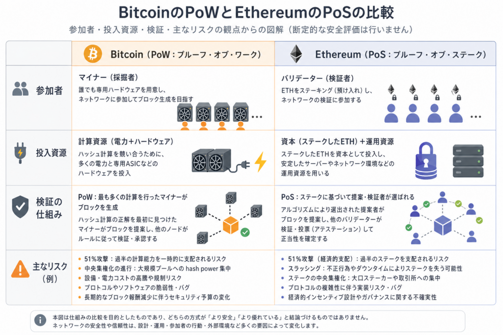 BitcoinのPoWとEthereumのPoSの合意形成を比較する図