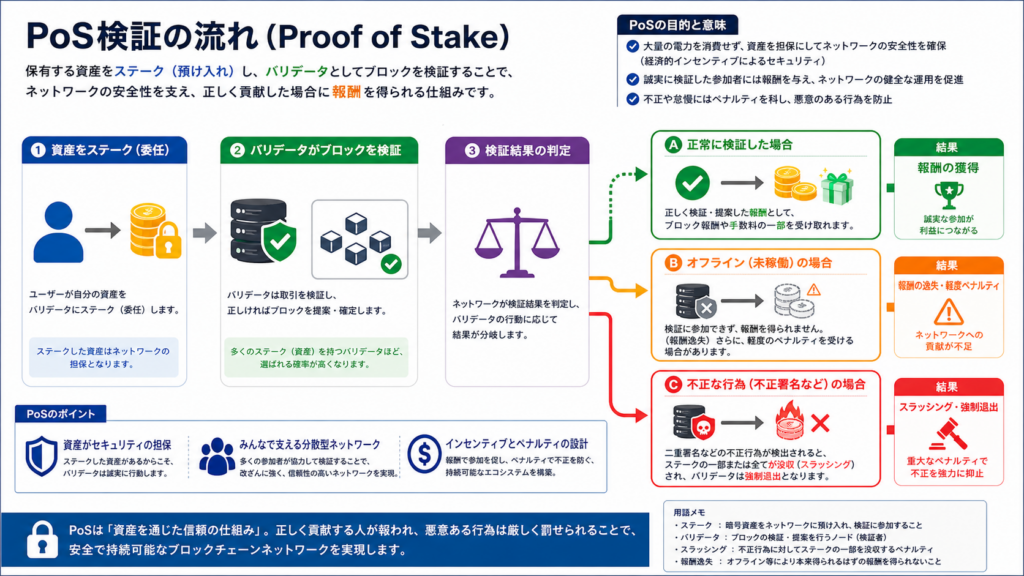 ステーキングで正常検証なら報酬、停止や不正ならペナルティとなる仕組み