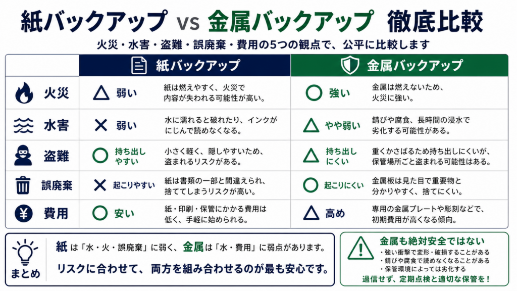 紙と金属バックアップを火災、水害、盗難、誤廃棄の観点で比較した図