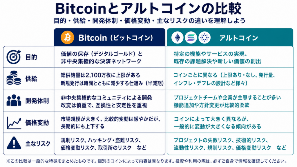Bitcoinとアルトコインの目的・供給・開発体制・価格変動を比較する図