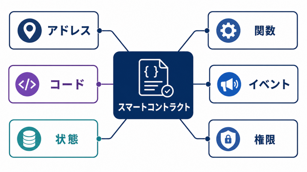 スマートコントラクトのアドレス、コード、状態、関数、イベントの構成図