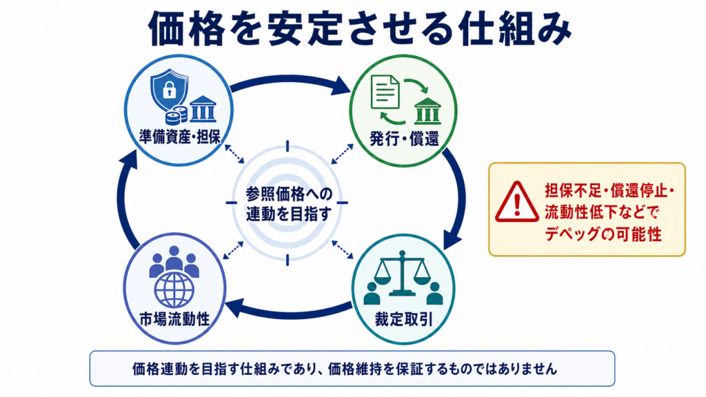 準備資産、発行と償還、裁定取引、市場流動性による価格維持の仕組み