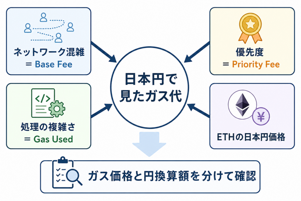 混雑、優先度、処理量、ETH価格がガス代の円表示へ与える影響
