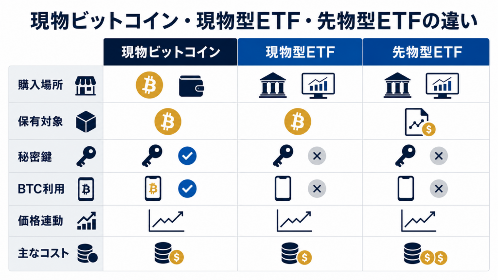 現物ビットコインと現物型・先物型ETFの違いを比較した図