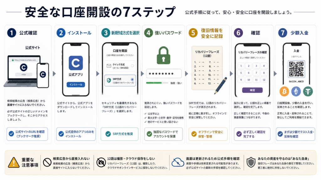 公式確認からインストール・新規作成・復旧情報記録・少額入金へ進むMetaMask作成図