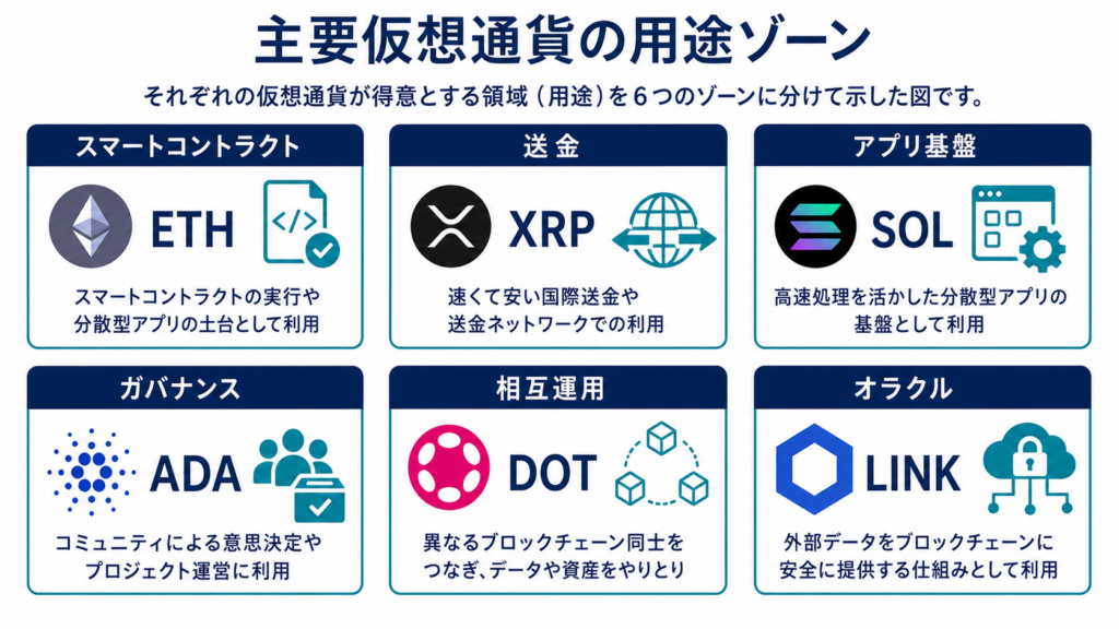 ETH・XRP・SOL・ADA・DOT・LINKを用途別に並べたアルトコイン比較図