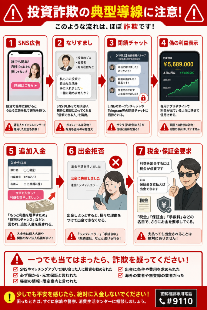 SNS広告から閉鎖チャットと偽利益表示を経て追加送金を迫る投資詐欺の流れ