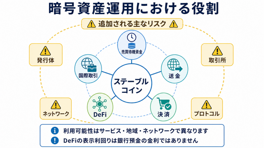 売買待機資金、送金、決済、DeFi、国際取引でのステーブルコインの役割