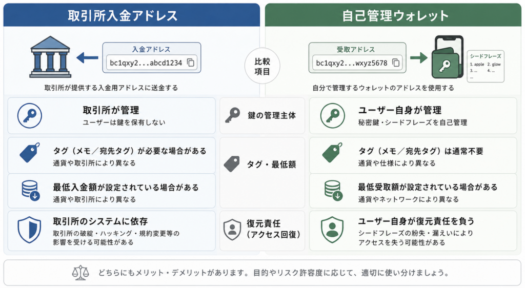 取引所入金アドレスと自己管理ウォレットの管理主体と受取方法の違い