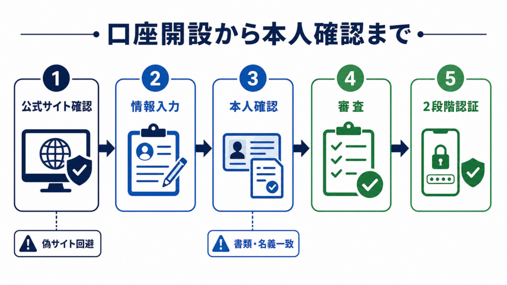 公式サイト、情報入力、本人確認、審査、2段階認証を順に示した口座開設フロー