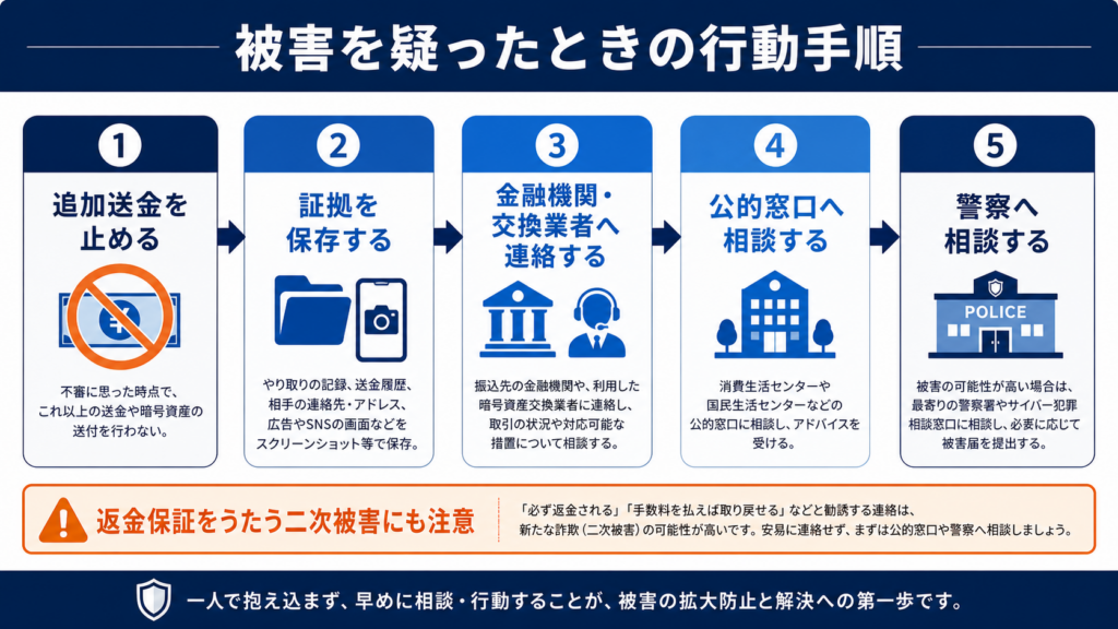 追加送金停止・証拠保存・金融機関連絡・公的窓口・警察相談の行動手順