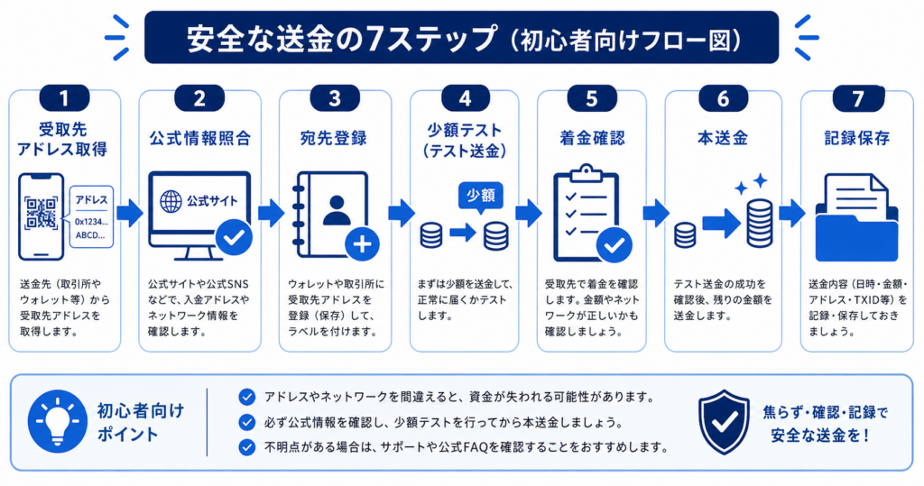 受取先確認から少額テスト、本送金、記録保存までの送金フロー