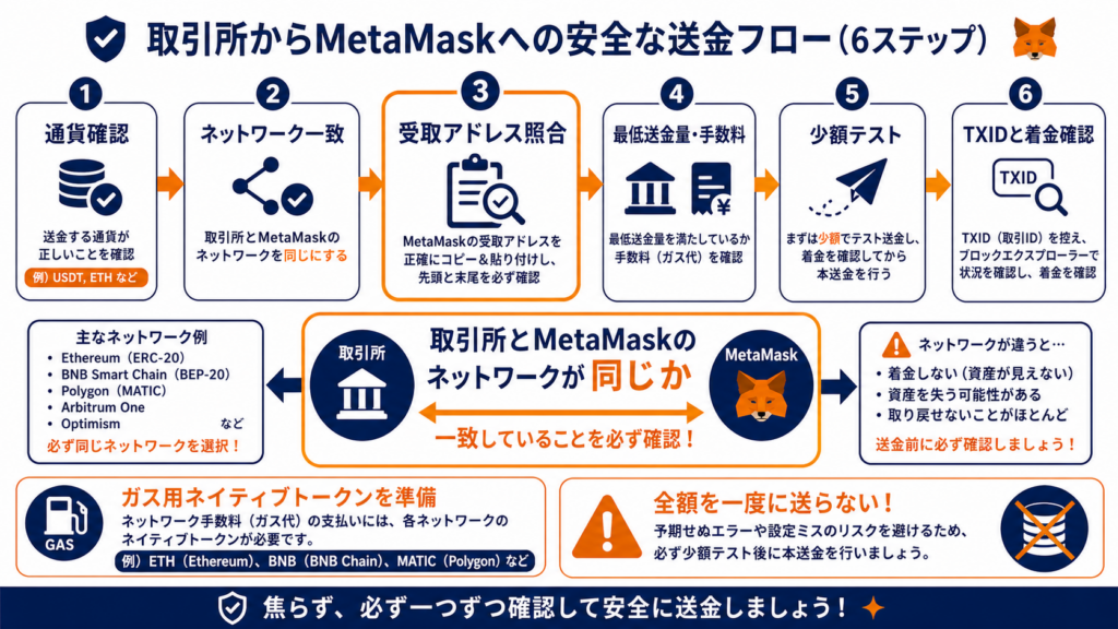 取引所からMetaMaskへ通貨・ネットワーク・アドレスを確認し少額送金する手順図