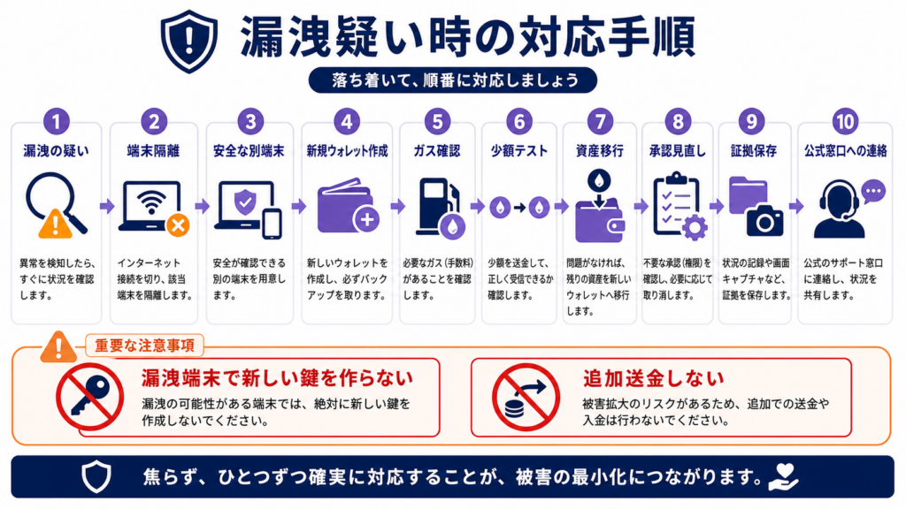 秘密鍵漏洩の疑いから端末隔離・新規ウォレット・資産移行までの緊急手順