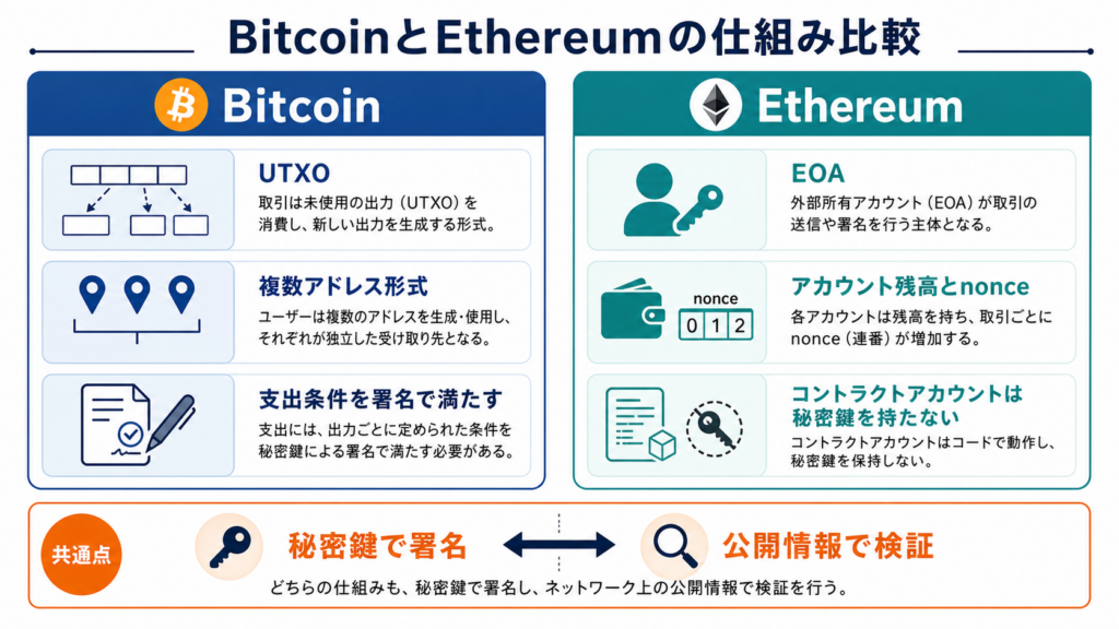 BitcoinとEthereumの公開鍵・アドレス・署名・取引モデル比較図