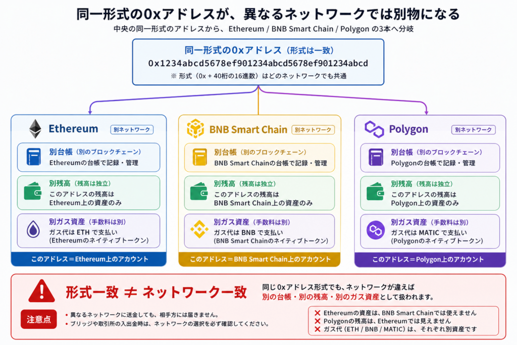 同じ0xアドレスでもEthereum・BSC・Polygonが別台帳になる図