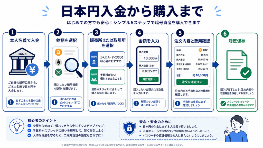 日本円入金、銘柄選択、購入方式、金額入力、注文確認を順に示した購入フロー