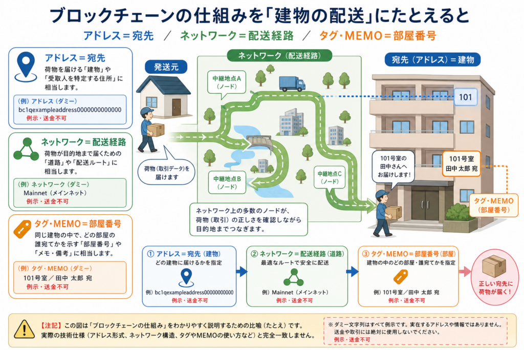アドレス、ネットワーク、タグを宛先、配送経路、部屋番号で示す図
- Caption:役割の異なる3つの情報を、身近な比喩で区別できます。