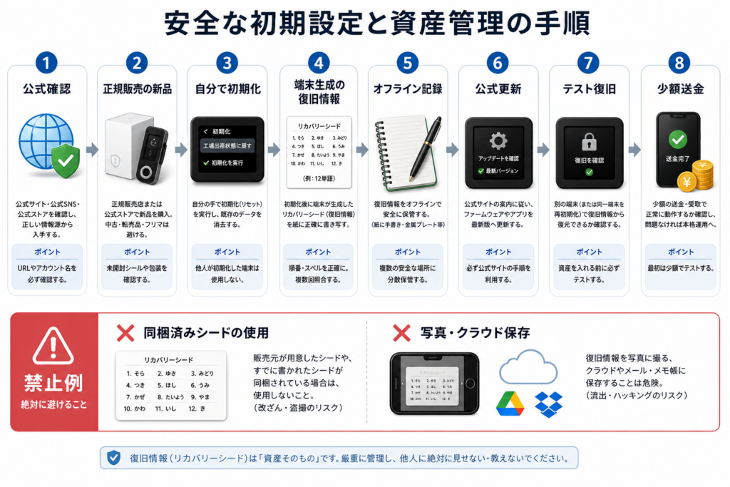 公式確認から新品購入と初期化と復旧テストと少額送金までの導入手順