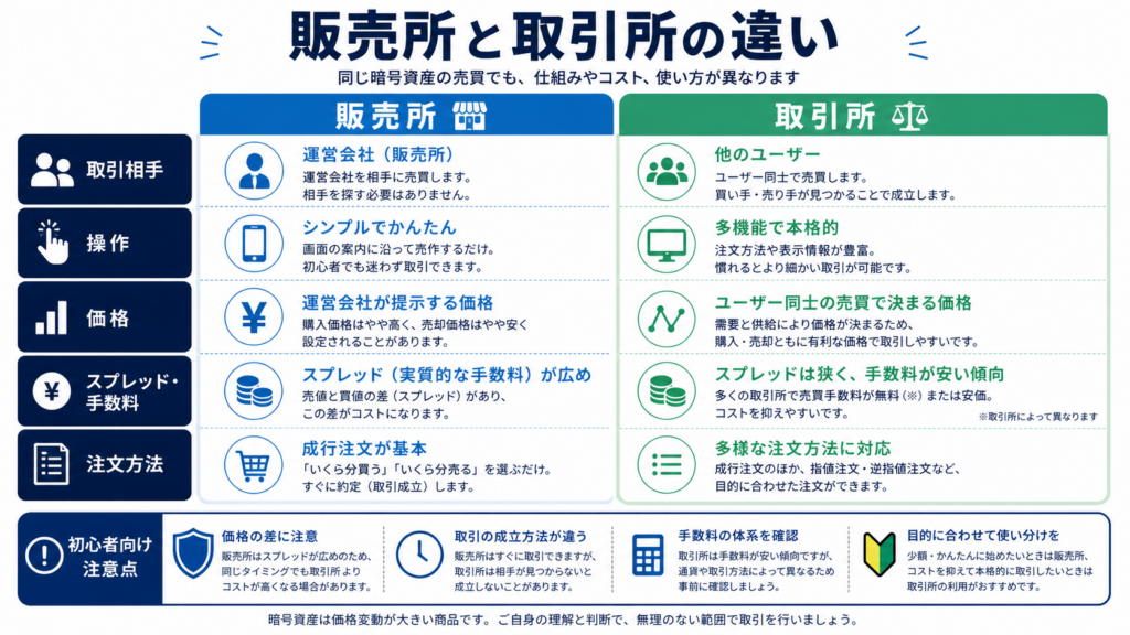 販売所と取引所を取引相手、操作、価格、スプレッド、注文方法で比べた図