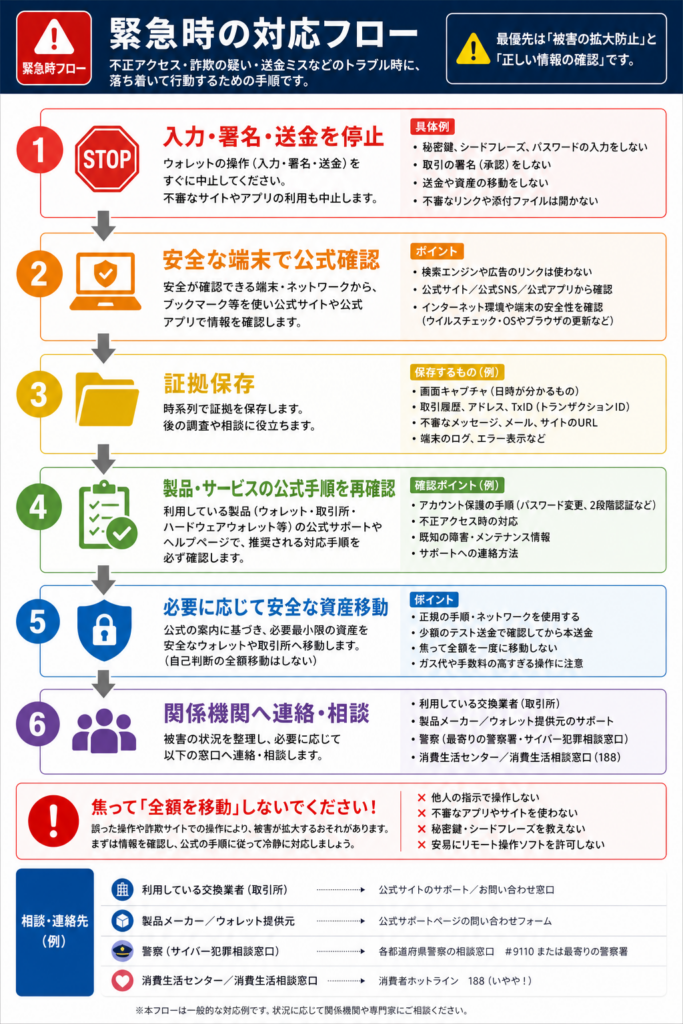 入力停止から公式確認と必要な資産移動と相談と証拠保存へ進む緊急時フロー