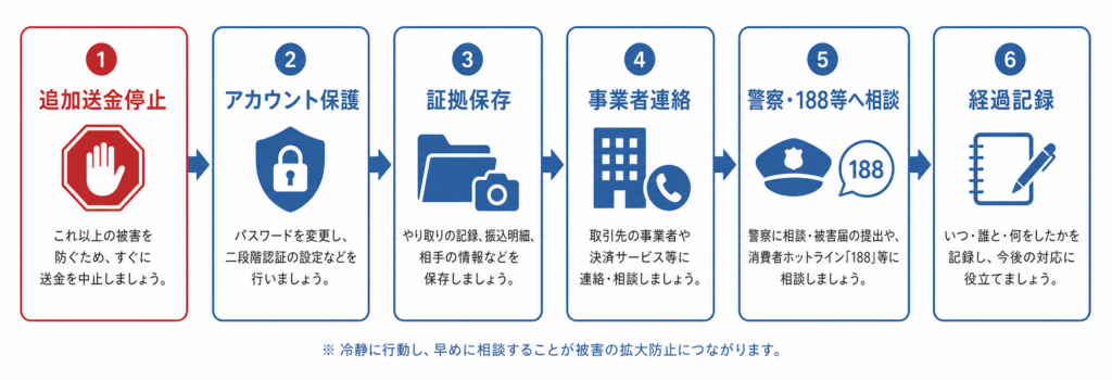 暗号資産詐欺に気づいた直後の停止・保護・証拠保存・相談の手順